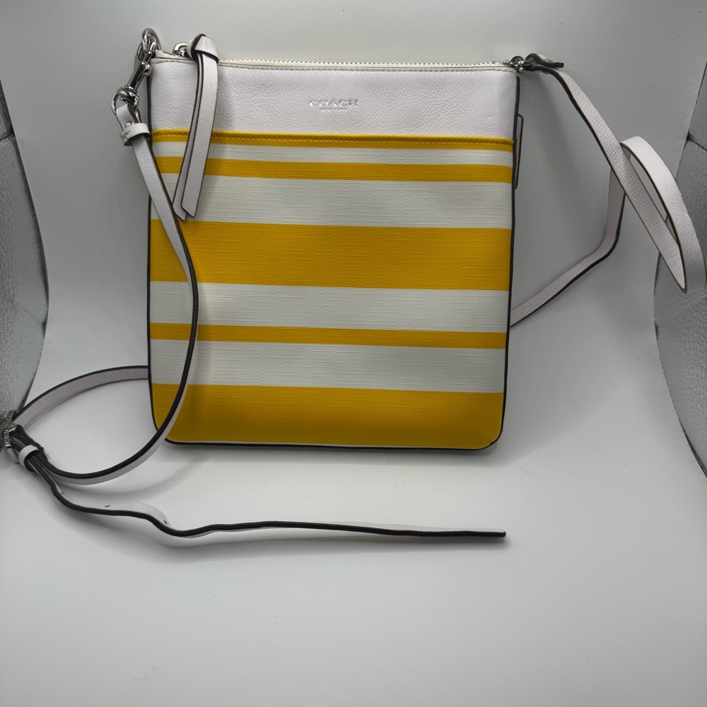 COACH Crossbody Purse Bleecker Coated Canvas Swinpack Striped Yellow White